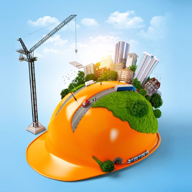 construction yellow helmet, animated with crane and construction buildings