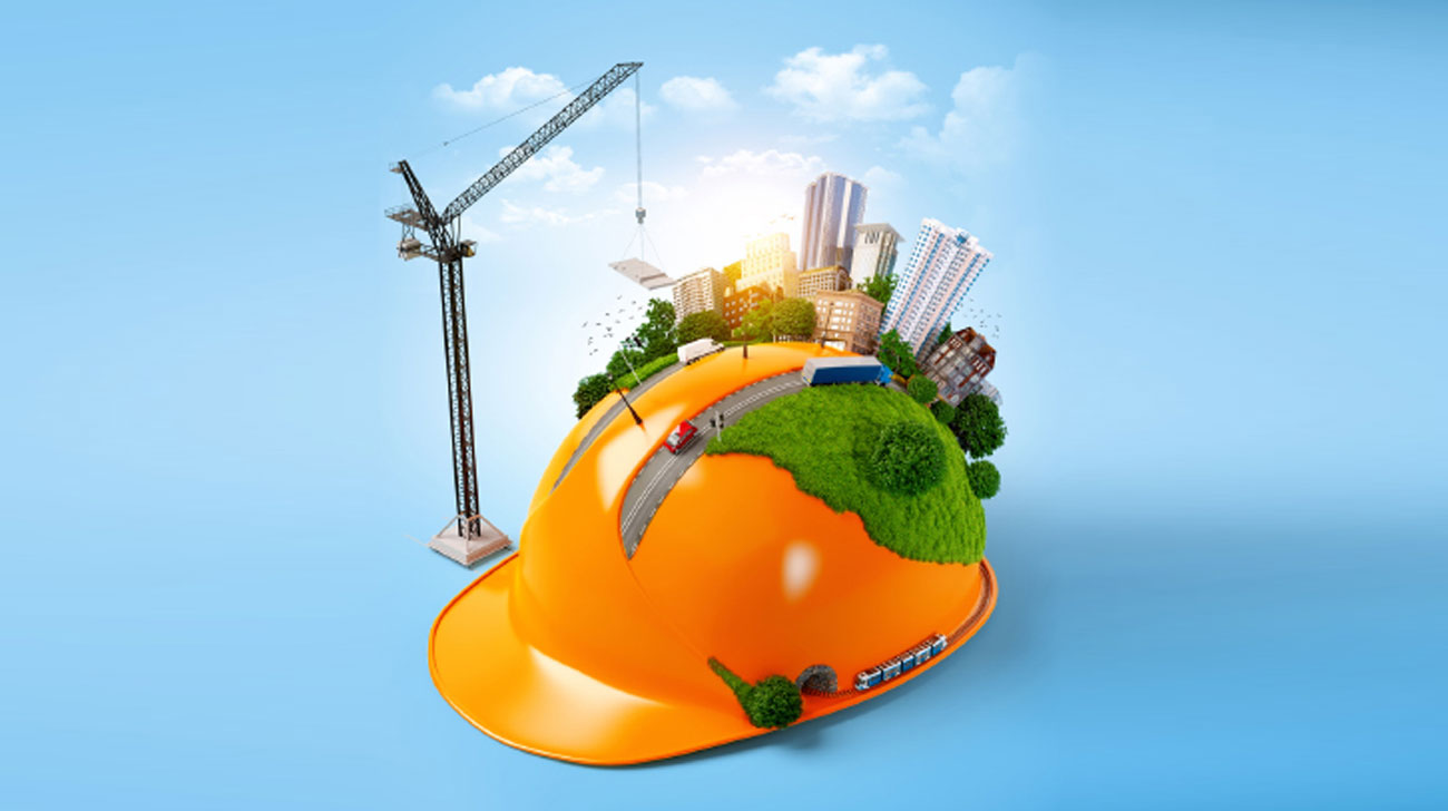 construction yellow helmet, animated with crane and construction buildings